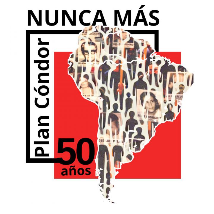 Mapa de América del Sur - siluetas y fotos de personas desaparecidas - Leyenda "Nunca Más . Plan Cóndor- 50 años"